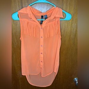Bright Neon Orange Sheer Button Up Tank with Fringe Summer Country Festive
